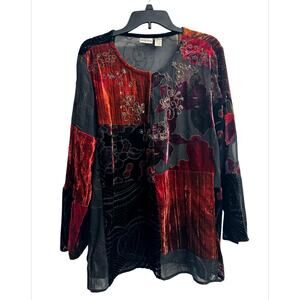 CHICO’s Patchwork Artsy Chiffon Velvet Beads Tunic Top Silk Blend Size Large (2)